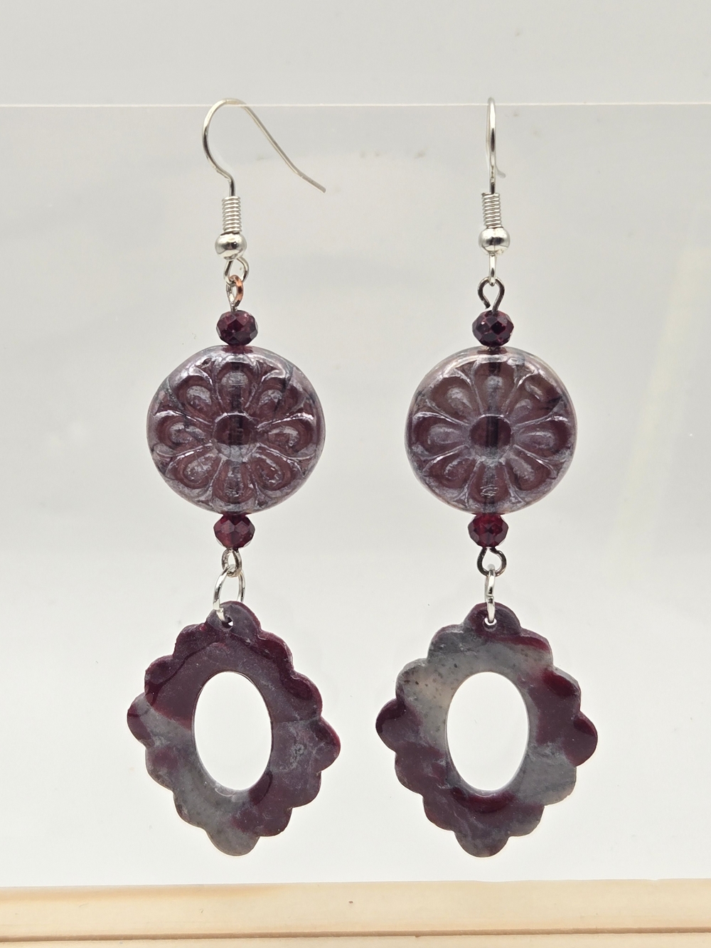 #B215- Crimson And Gray Floral Drop Earrings - Women Jewelry